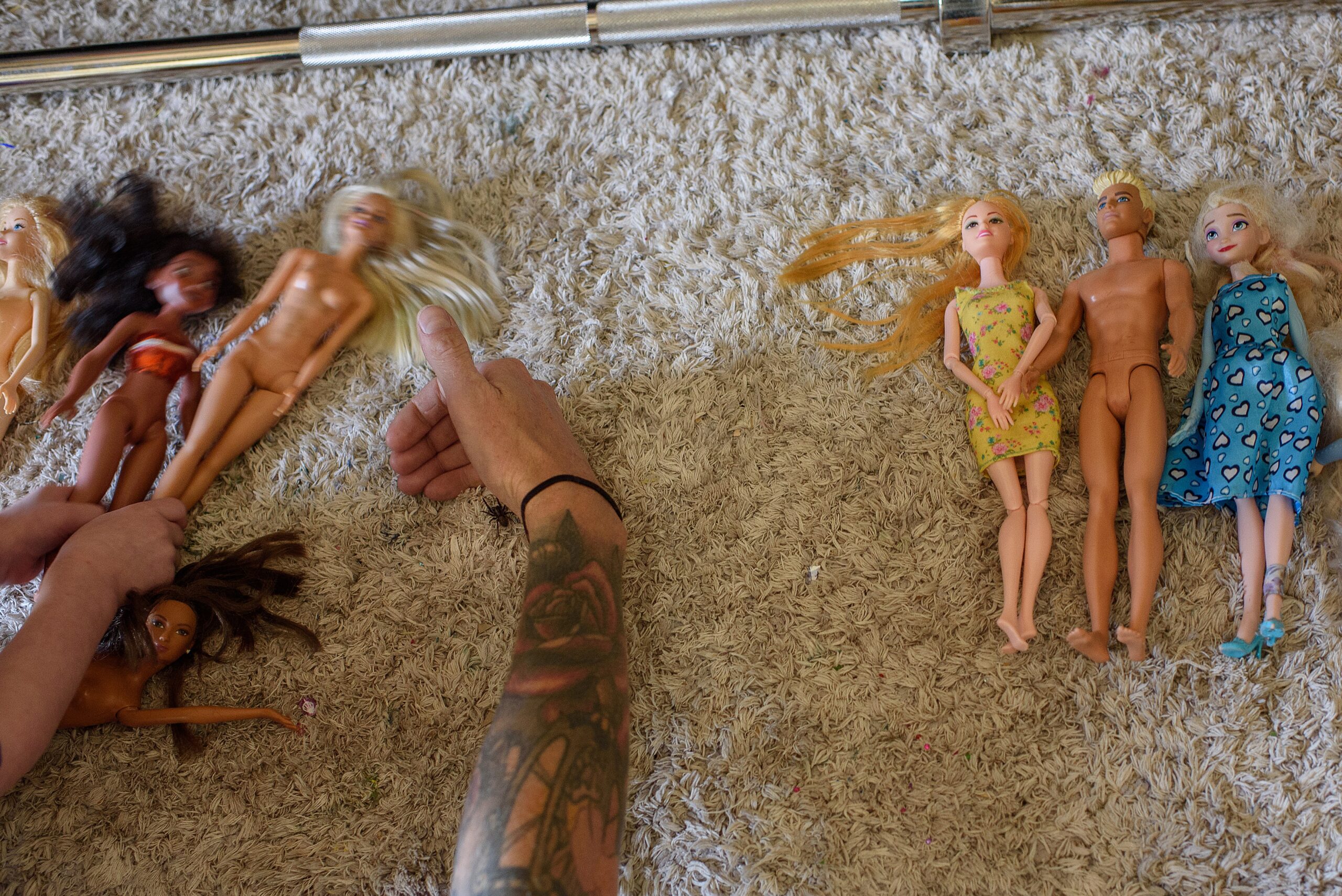 A detail image of a father picking up a spider to release outside while his daughter rescues her Barbie's from it.